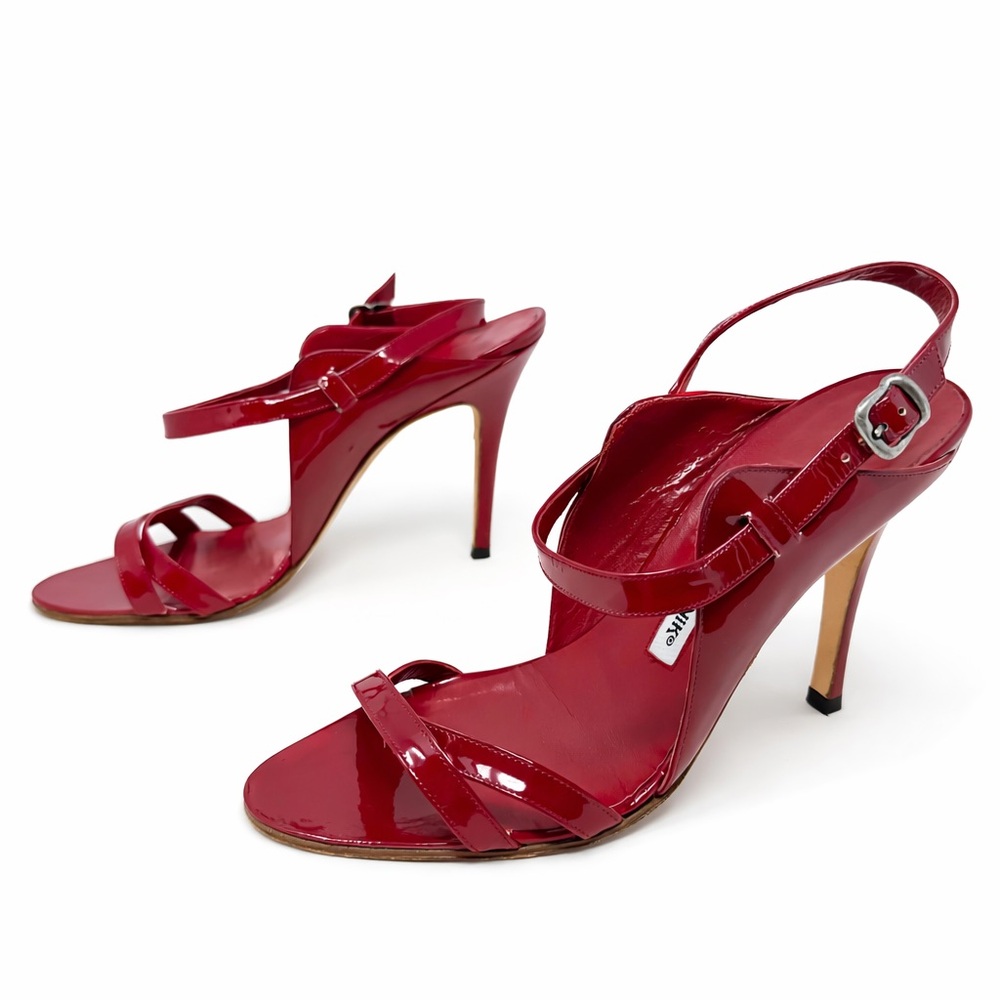 Manolo Blahnik Dodo Red Patent Leather Strappy Sandal Heels Womens Size EU 38.5